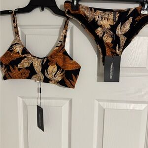 PrettyLittleThing Black and Gold Leaf Print Bikini